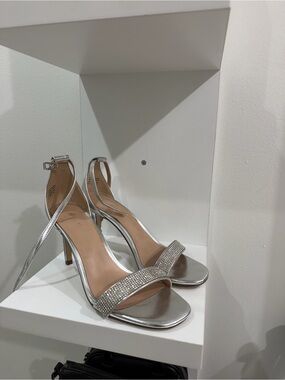 Silver Rhinestone Ankle-Strap Stiletto Sandals